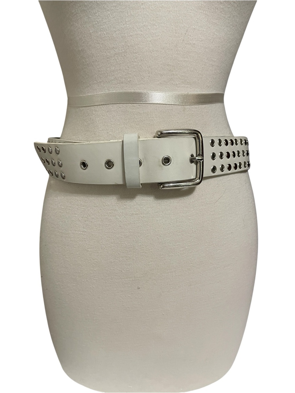 White Studded Double Grommet Belt with Silver Buckle